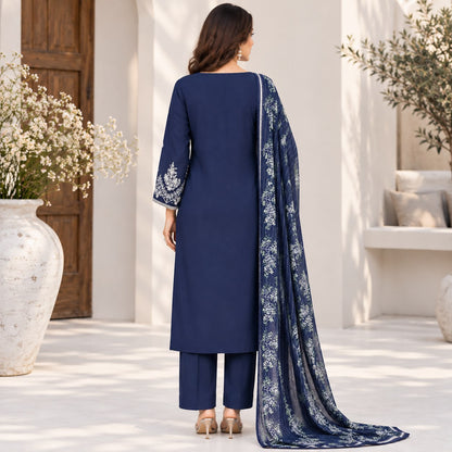 Pakistani Women's Casual Wear 3 pc Suit Linen Blue | 1500 | Designer Rack