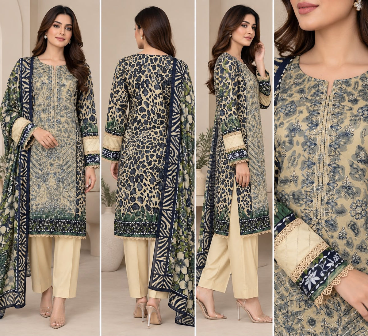 Pakistani Women's Casual Wear 3 pc Printed Embroided Cream Suit | 1502 | Designer Rack