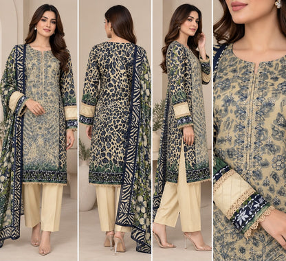 Pakistani Women's Casual Wear 3 pc Printed Embroided Cream Suit | 1502 | Designer Rack
