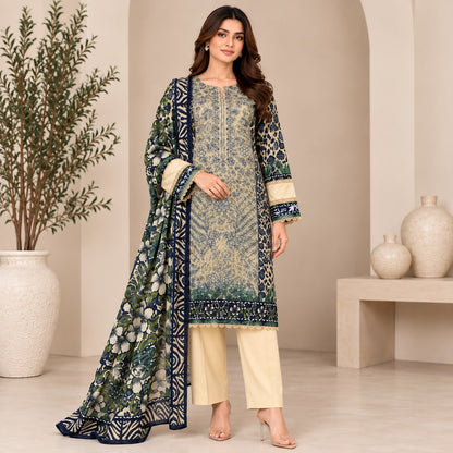 Pakistani Women's Casual Wear 3 pc Printed Embroided Cream Suit | 1502 | Designer Rack