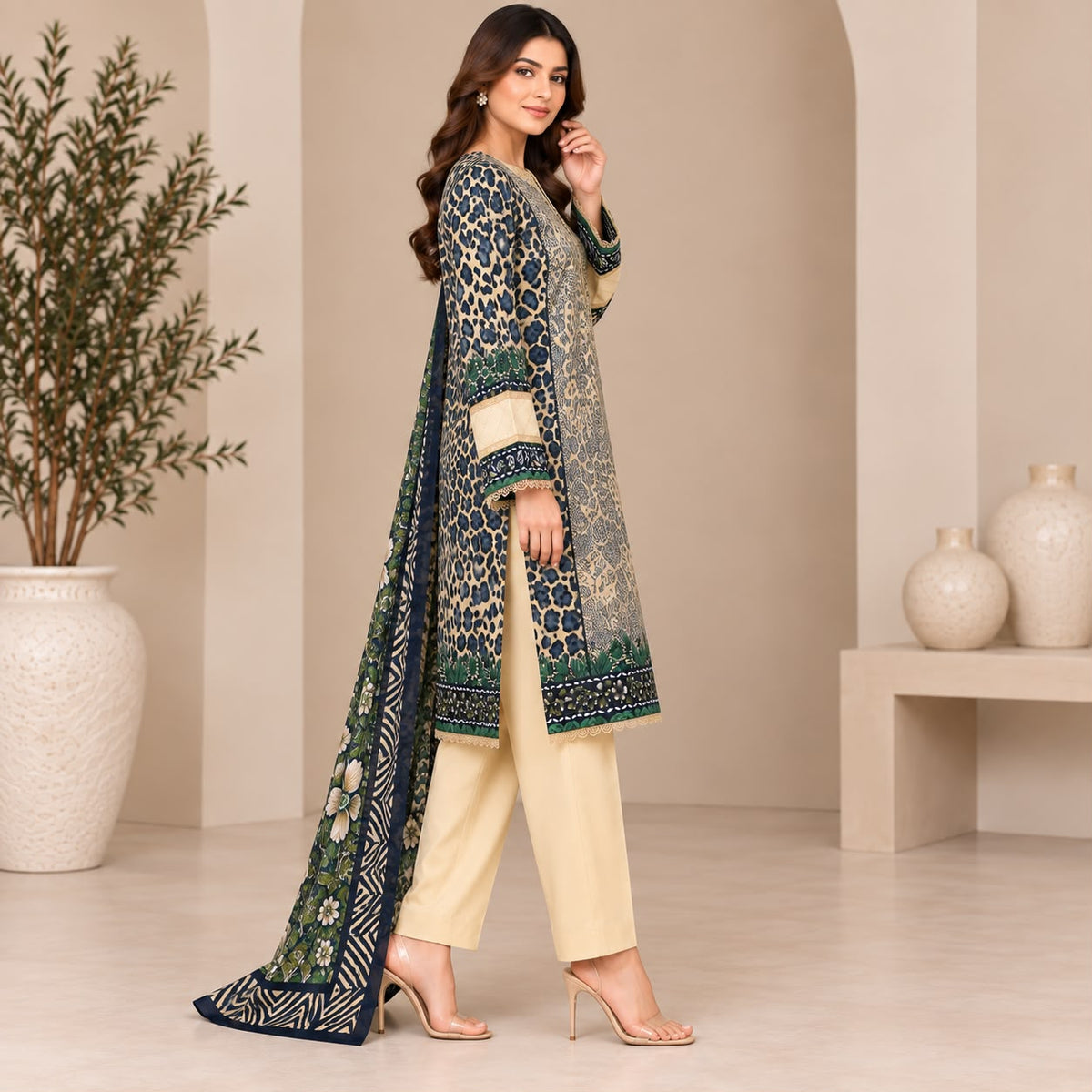 Pakistani Women's Casual Wear 3 pc Printed Embroided Cream Suit | 1502 | Designer Rack