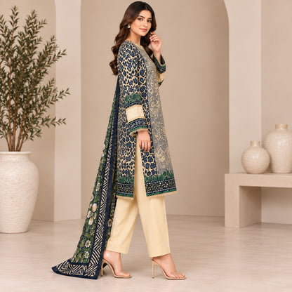 Pakistani Women's Casual Wear 3 pc Printed Embroided Cream Suit | 1502 | Designer Rack