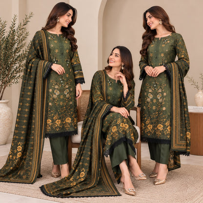 Pakistani Women's Casual Wear 3 pc Printed Embroided Musterd Green Suit | 1502 | Designer Rack