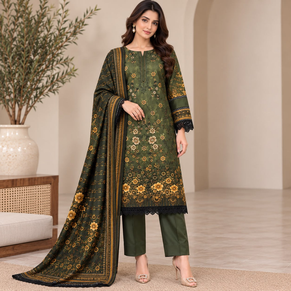 Pakistani Women's Casual Wear 3 pc Printed Embroided Musterd Green Suit | 1502 | Designer Rack
