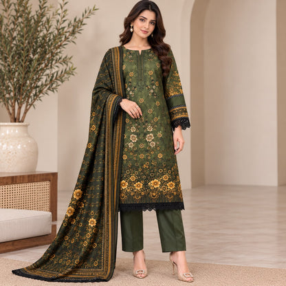 Pakistani Women's Casual Wear 3 pc Printed Embroided Musterd Green Suit | 1502 | Designer Rack