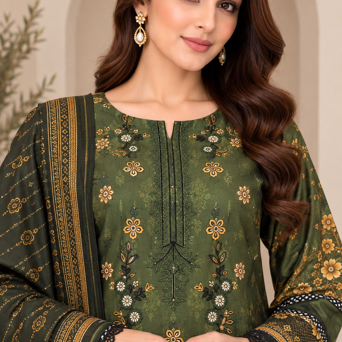 Pakistani Women's Casual Wear 3 pc Printed Embroided Musterd Green Suit | 1502 | Designer Rack