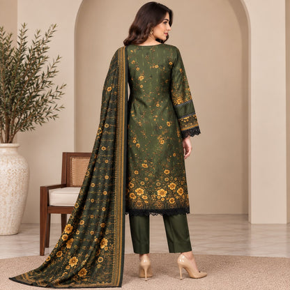 Pakistani Women's Casual Wear 3 pc Printed Embroided Musterd Green Suit | 1502 | Designer Rack