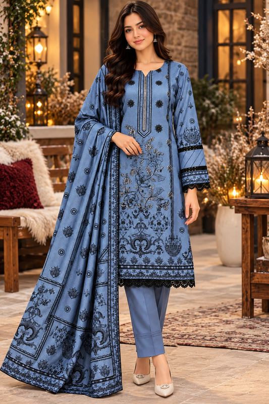 Pakistani Women’s Casual Winter Wear 3-Piece Embroidered  Suit – Dhanak, Elegant Blue | 1506| Designer Rack