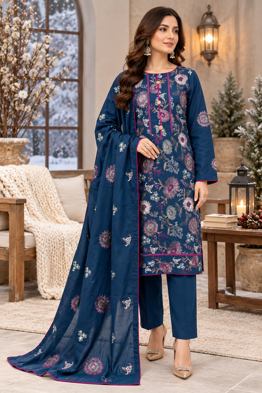 Pakistani Women’s Casual Winter Wear 3 Pc Embroidered  Suit – Dhanak, Teal | 1478 | Designer Rack