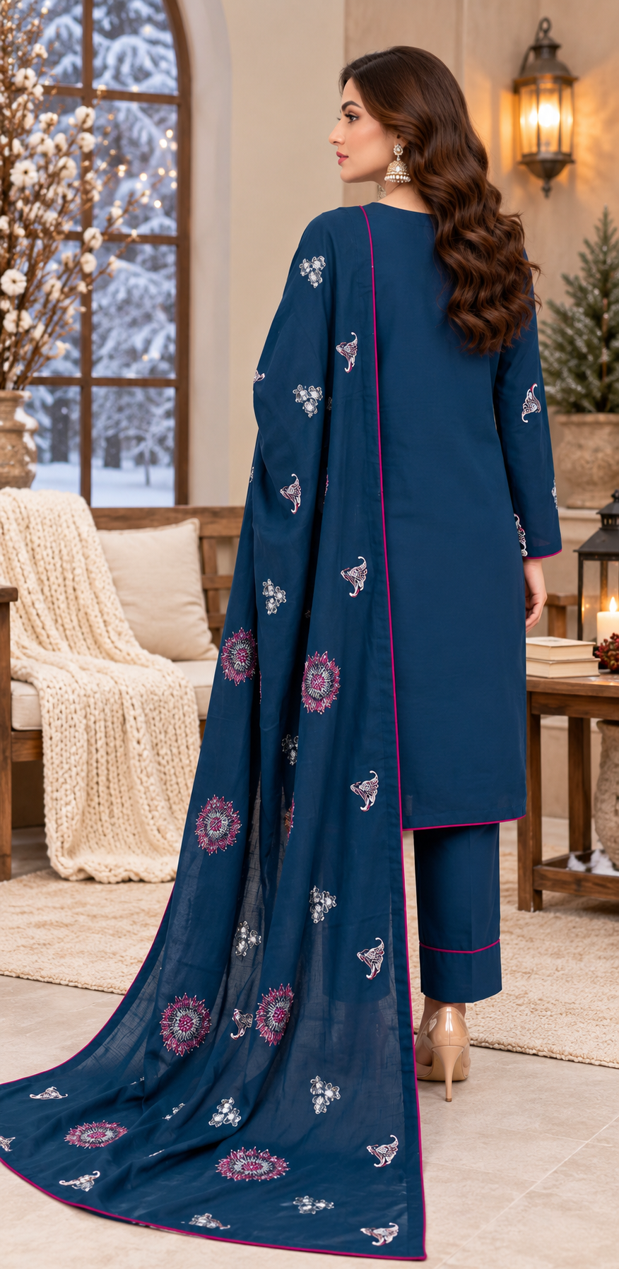 Pakistani Women’s Casual Winter Wear 3 Pc Embroidered  Suit – Dhanak, Teal | 1478 | Designer Rack