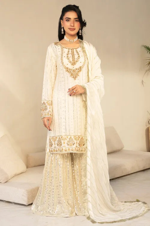 Imrozia 3 Piece White Sharara Suit | Designer Rack UK