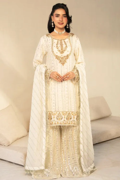 Imrozia 3 Piece White Sharara Suit | Designer Rack UK